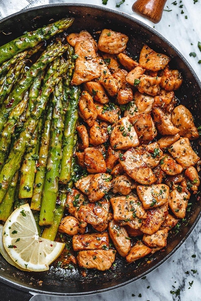 Garlic Butter Chicken Bites Lemon Asparagus 